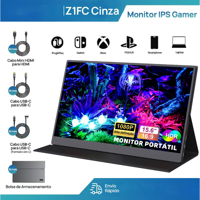 Monitor Portátil 15,6 Polegadas Tela IPS FHD 1080P, Type‑C e HDMI, Plug and Play para Notebook PC
