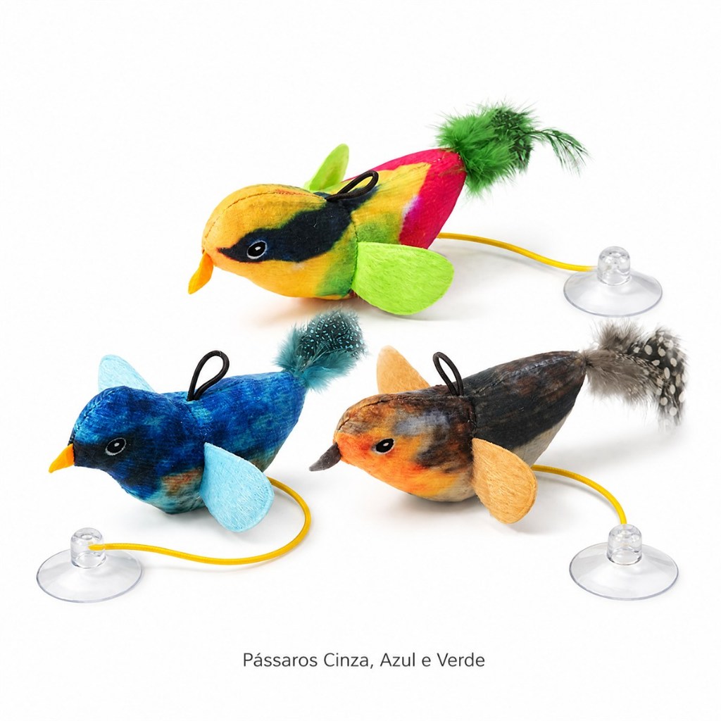 Brinquedo para Gato, Passarinho de Pelúcia com Penas, Pendura na Janela com Ventosa, Interativo