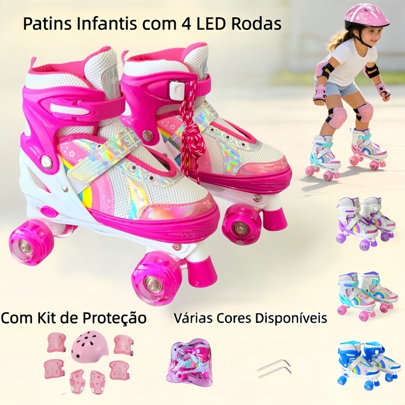 Patins Infantis com 4 Led Rodas Kit Proteção Tamanho ajustável com velcro Presentes para crianças