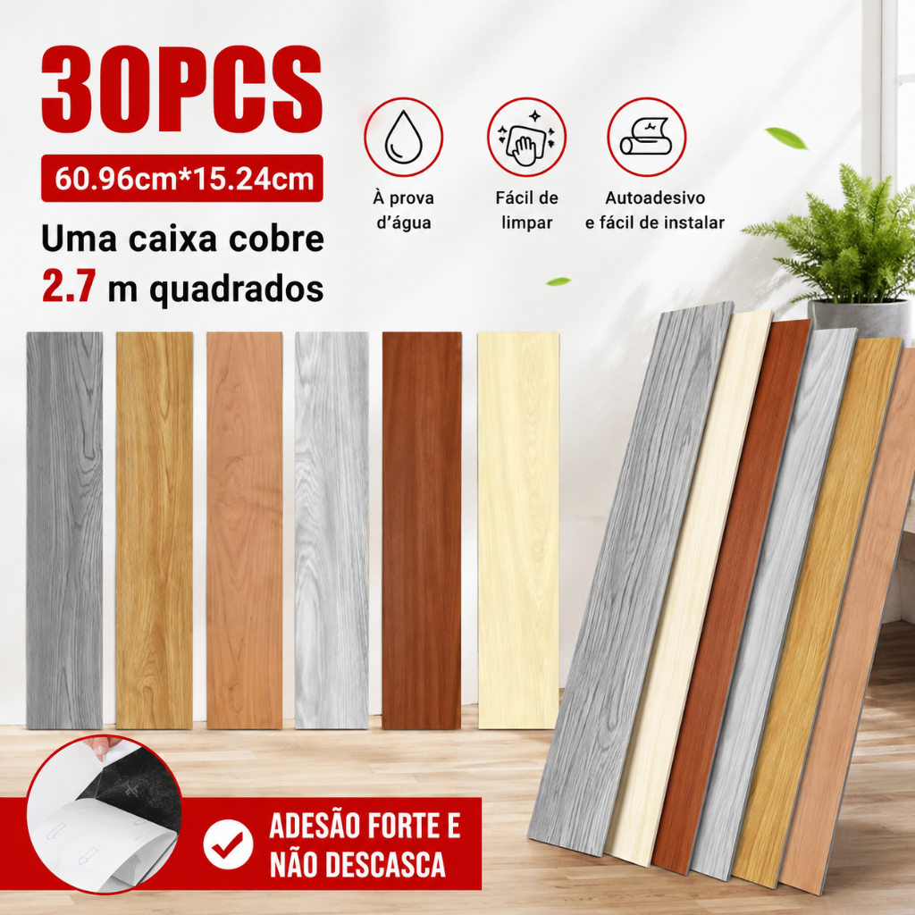 30PCS/2.7㎡ Adesivo de Piso Madeira Moderno Antiderrapante Lavável 60x15cm vinílico