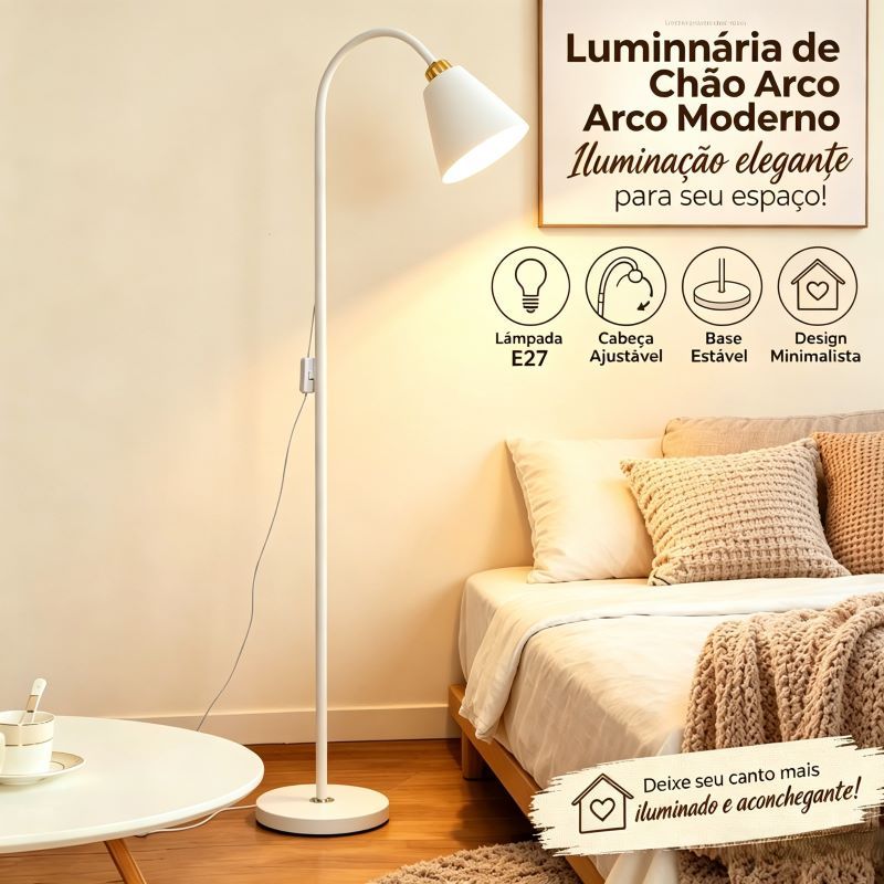 Luminária de Chão Arco Soquete E27 Sem Lâmpada, Cabeça Ajustável, Iluminação Minimalista para Sala e Quarto