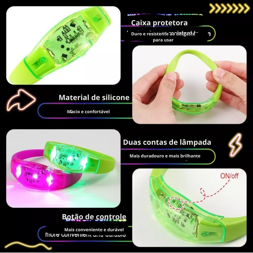 KIT 10-50 Pulseiras de LED Ativada por Som Música e Movimento Acompanhe o Ritmo da Festa — imagem 2 de 2