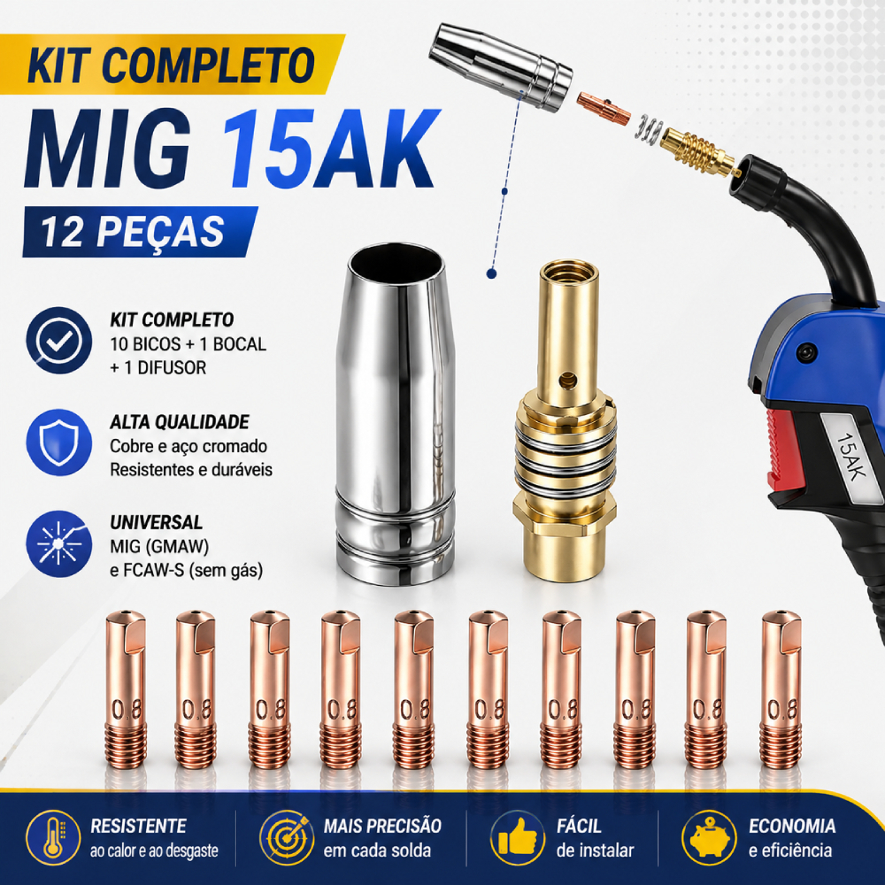 Kit 12 Bicos 0,8MM Para Tocha MIG 15AK Solda Com Bocal e Difusor