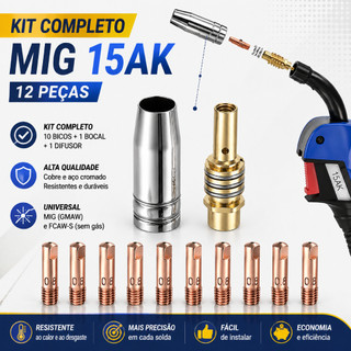 Kit 12 Bicos 0,8MM Para Tocha MIG 15AK Solda Com Bocal e Difusor