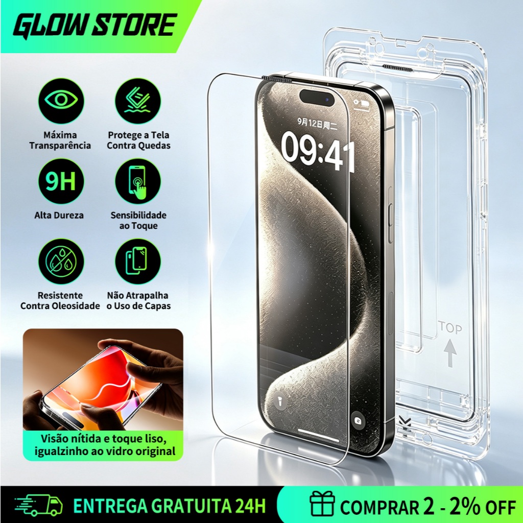 Película Vidro Temperado 9H Anti-Risco Anti-Impressão para iPhone 11/12/13/14/15/16/17 Pro Max Toque Original