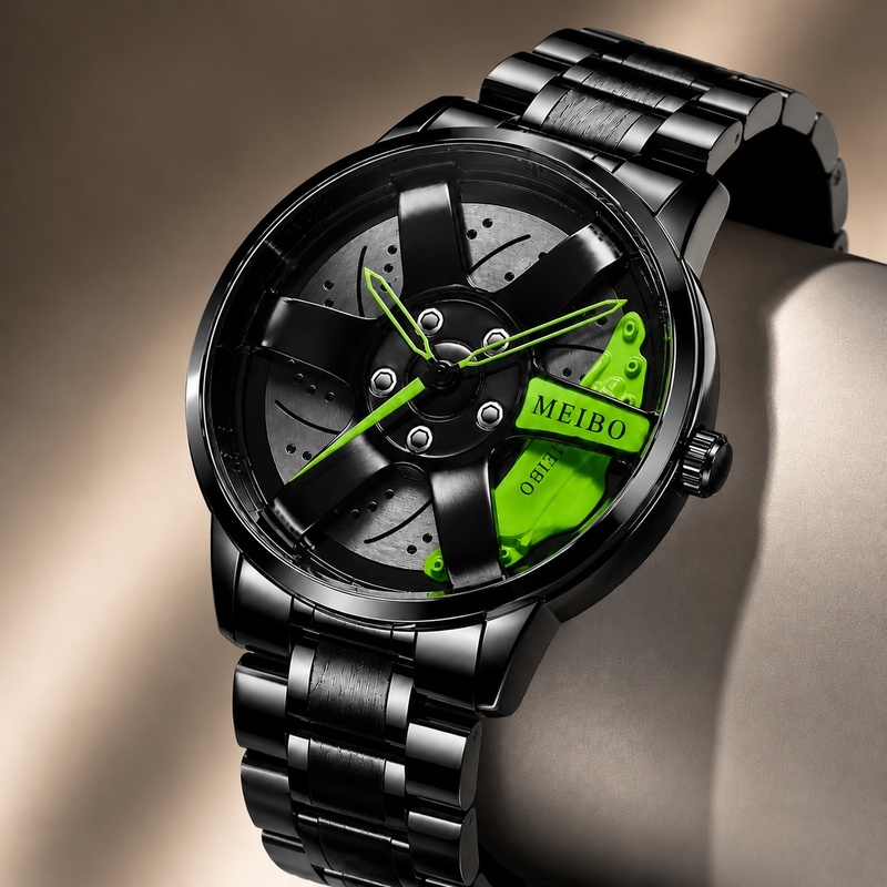 Relógio Masculino Esportivo Quartzo Pulseira de Aço Preto Mostrador Estilo Roda Automotiva Fashion