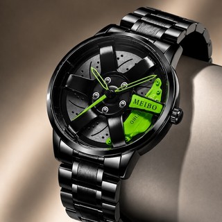 Relógio Masculino Esportivo Quartzo Pulseira de Aço Preto Mostrador Estilo Roda Automotiva Fashion
