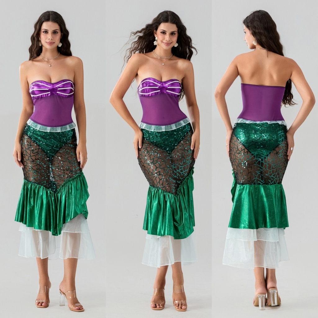 Traje De Festa De Sereia Feminino Sem Alças Tubo Tops Babado Lantejoulas Cauda Longa Cosplay Vestido Extravagante