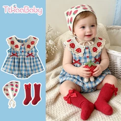 Macacão Para Bebê Recém-Nascido Menina Elegante Azul Xadrez Flor Verão Vestido De Algodão Confortável