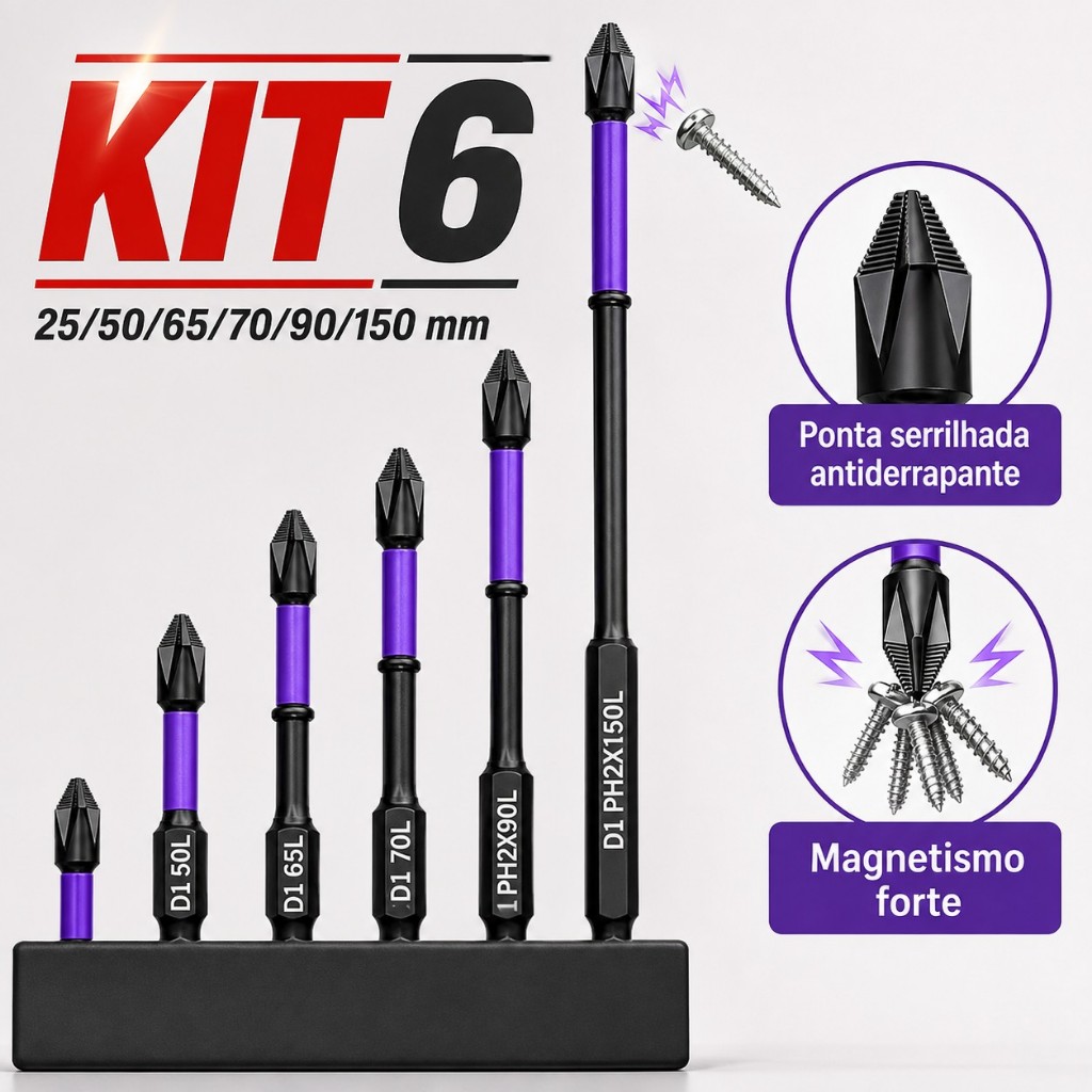 Bits Magnético Ponteira Philips Parafusadeira Ph2 Jogo 6 Pcs Imantado Antiderrapante Com Imã Sextavado