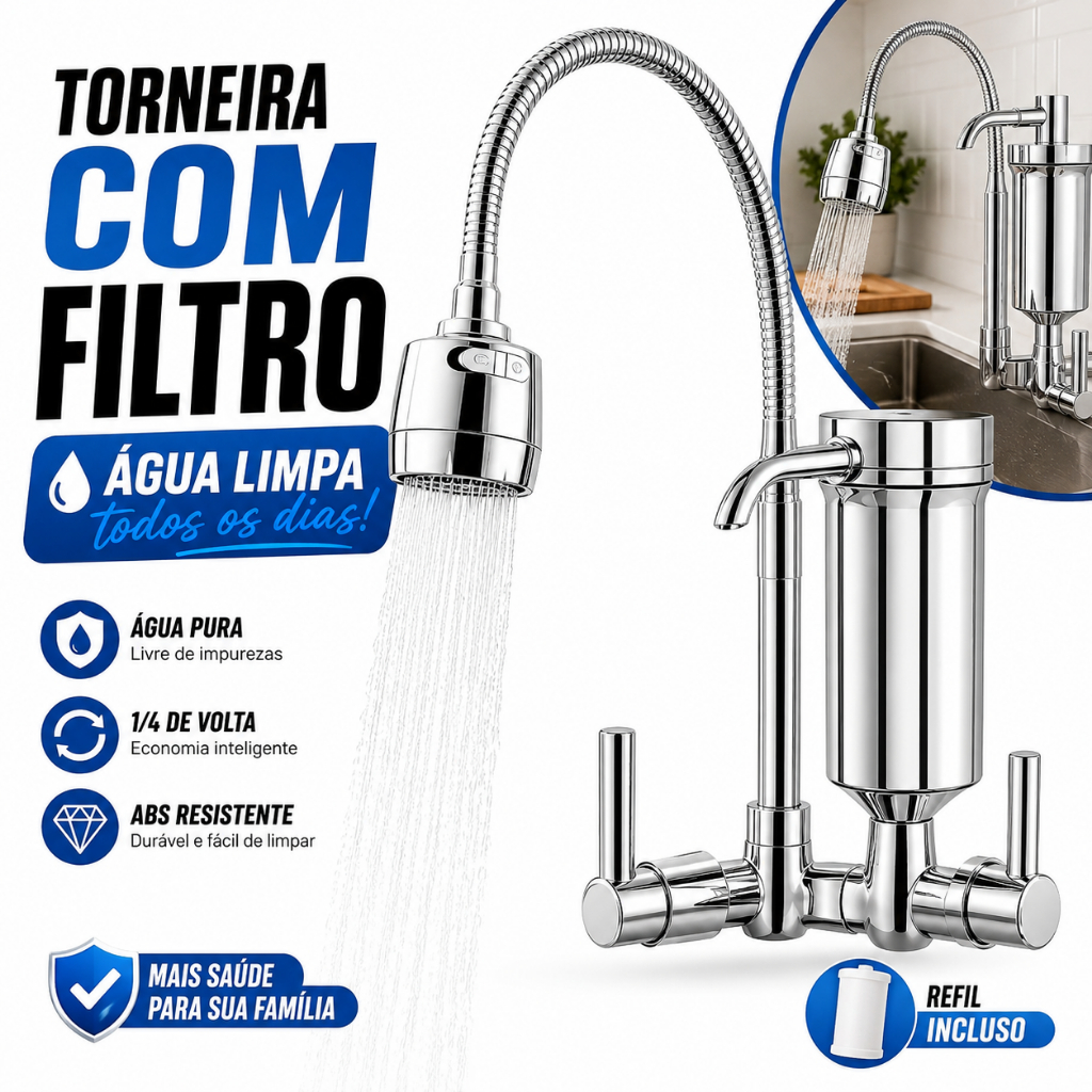 Torneira Gourmet Filtro de Parede Cozinha Flexível Jato Duplo Cromada Luxo 1/4 de volta