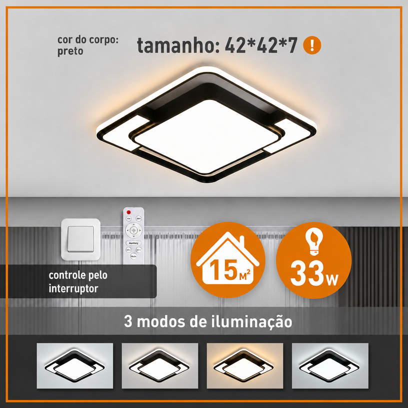 Luminária Plafon LED de Teto Quadrada 33W Bivolt com Controle Remoto 3 Cores