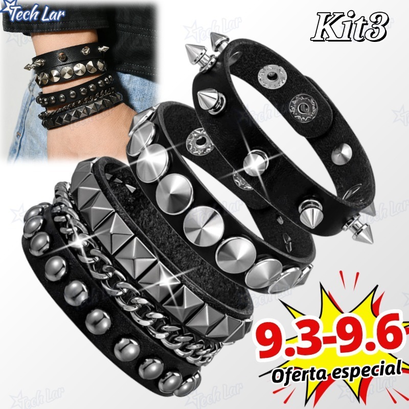 Pulseiras Y2K Cyberpunk - Conjunto de Pulseiras de Couro com Studs e Espinhos, Estilo Alternativo e Moderno-TL