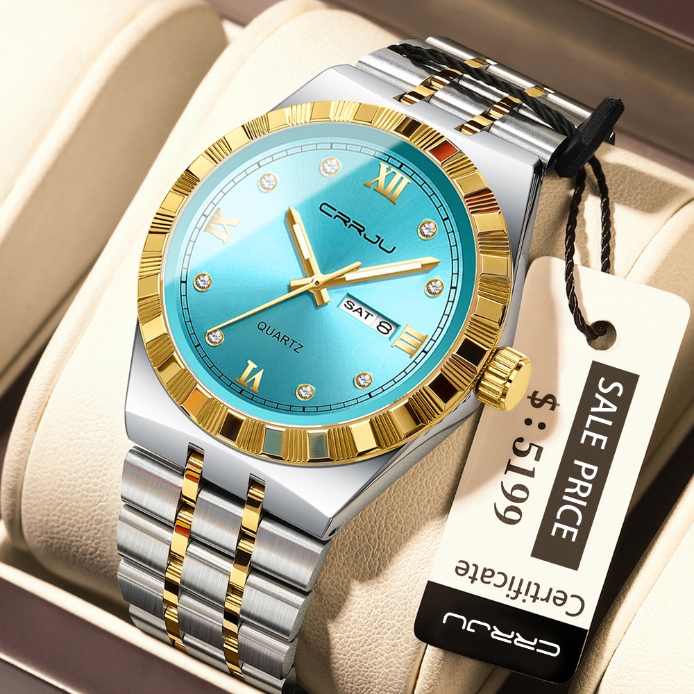 Novo Relógio Masculino CRRJU : Pulseira Elegante De Aço Inoxidável , Mãos Luminosas , Calendário Automático , Minimalist