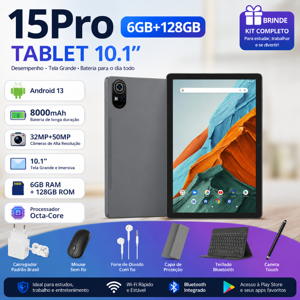 Tablet 15 PRO Android 13 8000mah Wifi com chip 10.1 , Teclado+Mouse 6GB RAM 128GB Câmera 50MP e 32MP Bluetooth