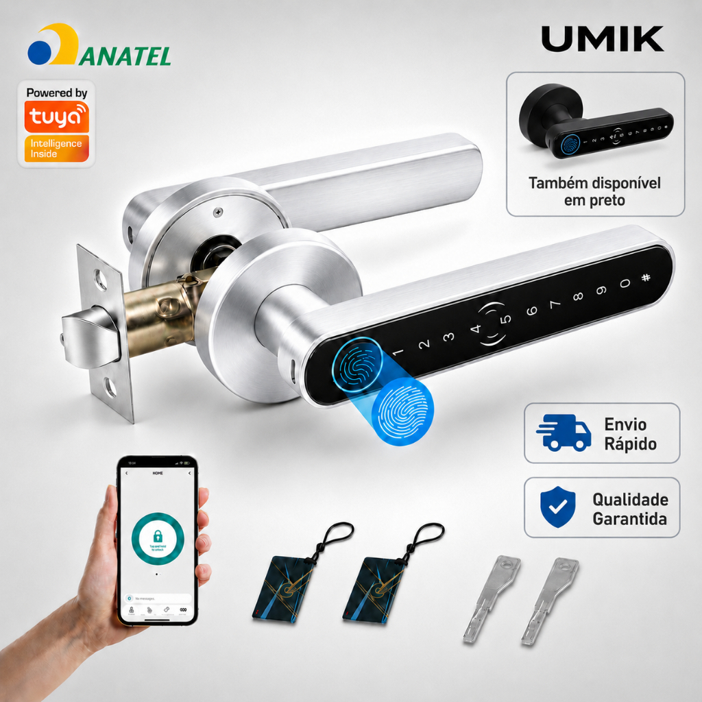 Umik Fechadura Digital Inteligente com Biometria Senha Cartão Chave App Tuya Bluetooth para Porta de Madeira