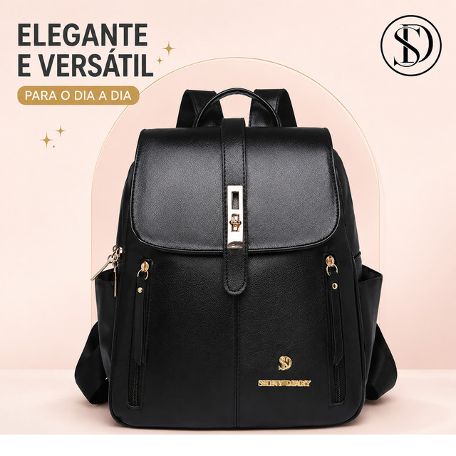 SD Mochila Feminina Média Universitária De Qualidade De Costas Em Couro Sintético Cangurus Preto