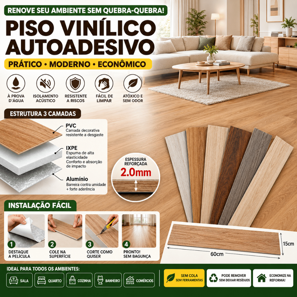 Piso Vinílico Autoadesivo PVC com Espuma IXPE e Alumínio Impermeável Silencioso Renovação para Sala Cozinha Aluguel