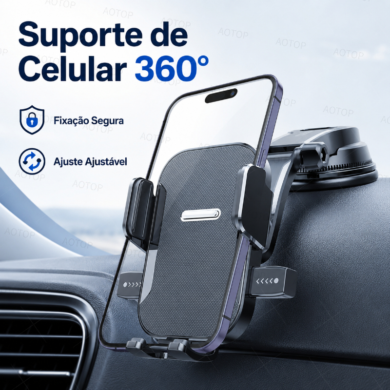 Suporte de Celular para Carro Universal 360° Ajustável Antivibração Fixação Segura Painel