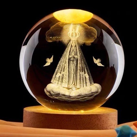 Luminária Nossa Senhora Aparecida Cristal LED 3D Mesa Presente Quarto Decoração Religiosa Católico