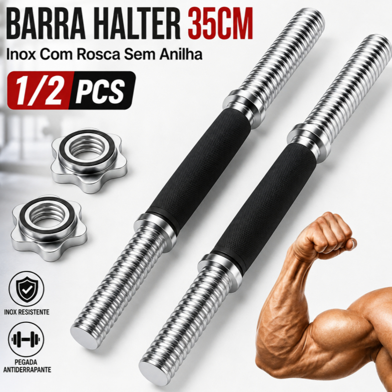 Barra Halter 35cm De Inox Com Rosca Sem Anilha Antiderrapante Rosca Direta Maciça Biceps Supino Agachamento Crucifixo