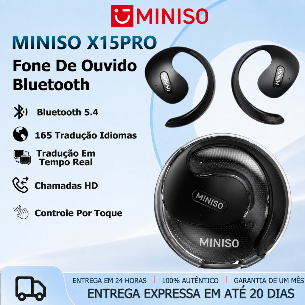 MINISO X15 PRO AI Em Tempo Real Tradução 165 Idiomas Fone De Ouvido Bluetooth 5.4 Fone Gancho De Orelha Sem Fio Microfon