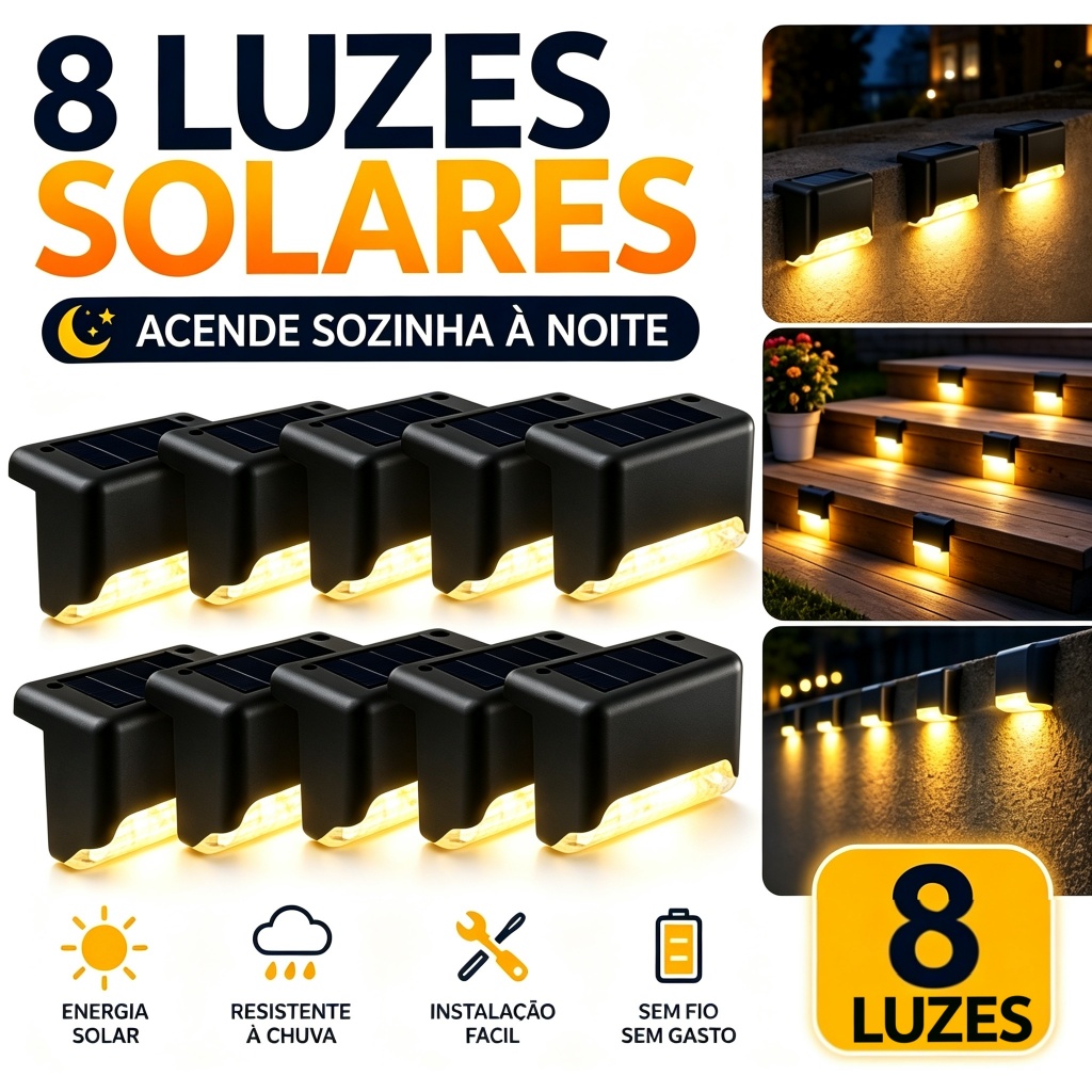 Luminária Solar 4/8 Unidades Para Escada Parede Muro Enfeite Jardim/Varanda/Ambientes Externos