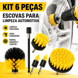 Kit 6 Escovas De Limpeza Encaixe Parafusadeira Furadeira Limpeza Automotiva Pesada Lavar Sofás Tecidos Couros Estofados