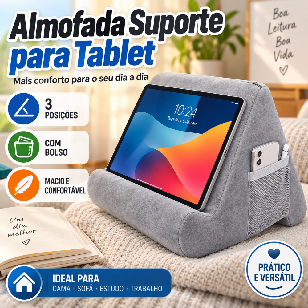Suporte Almofada para Tablet 3 Posições com Bolso 23x23x20cm Cinza para Cama e Sofá
