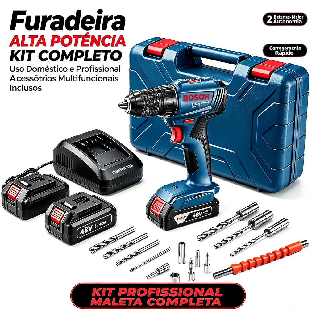 Original Parafusadeira e Furadeira Profissional de Impacto a Bateria 48V Alto torque,Com 24 acessórios