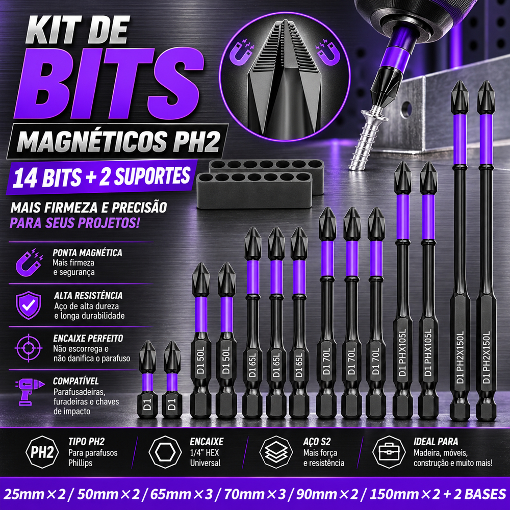 16 Pcs Chaves Bit PH2 Magnética Chave De Fenda Broca Auto Impacto Antiderrapante