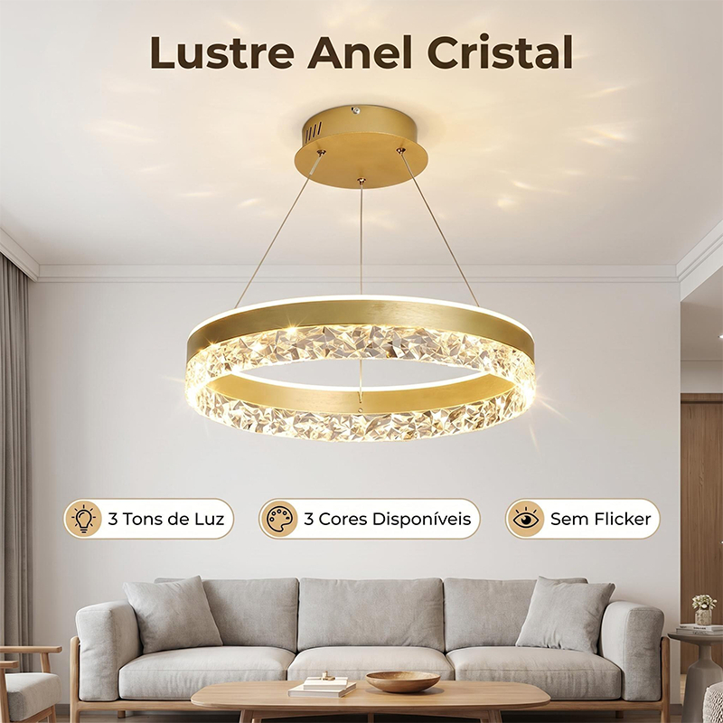 Lustre Anel de Cristal LED Moderno 3 Tons de Luz Bivolt 110V-220V Ideal para Sala Quarto e Sala de Jantar