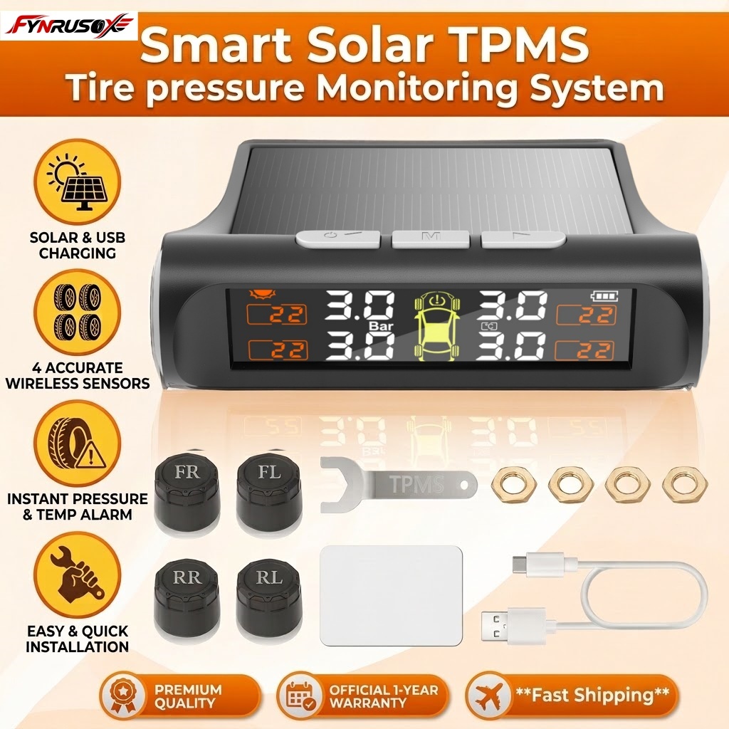Sistema de Monitoramento de Pressão de Pneus para Carro TPMS Solar Sem Fio com 4 Sensores Externos LCD