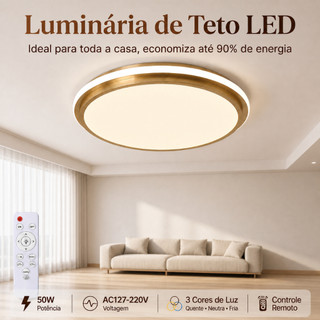 Luminaria de Led Plafon Moderno Redondo Modelo Dourado Acabamento Premium slim 50w Modelo Com controle remoto