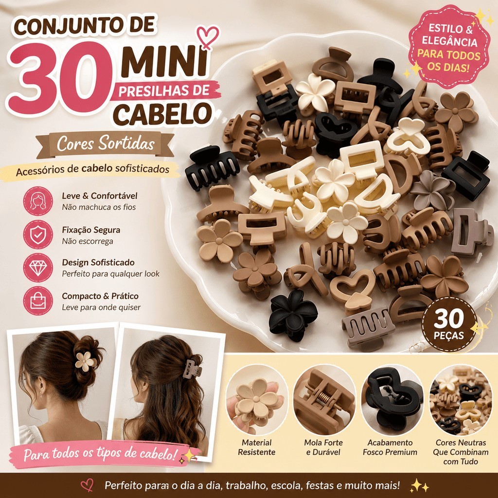 Conjunto de 30 mini presilhas de cabelo em cores sortidas, acessórios de cabelo sofisticados