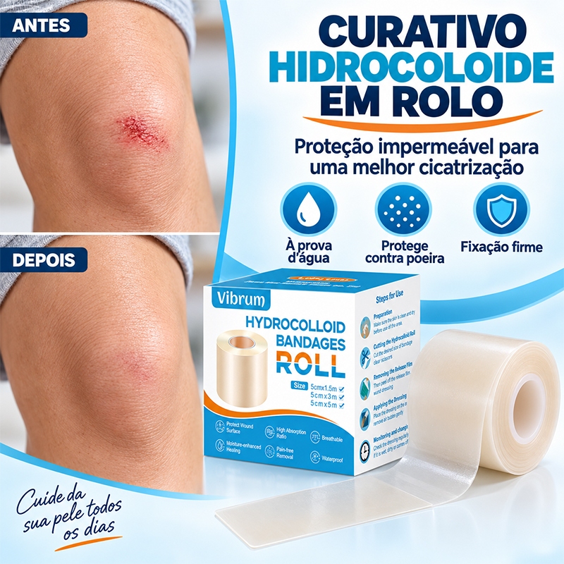 Fita Curativo Hidrocoloide Vibrum 5*150cm Impermeável e Recortável para Feridas, Cortes e Escoriações