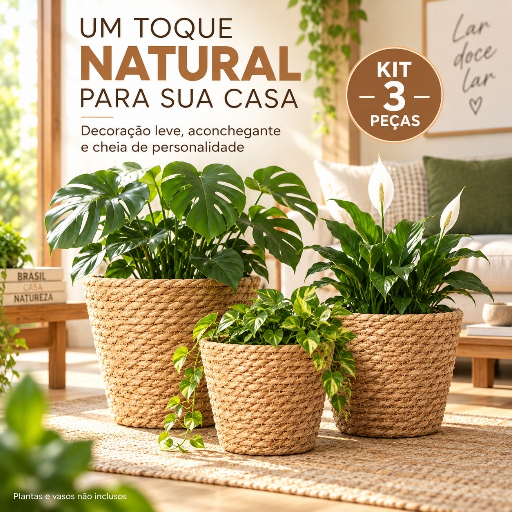 Kit Com 3 Vasos Palha Natural Jogo Trio Cachepot Fibra Natural Estilo Vime Decorativo Flores plantas