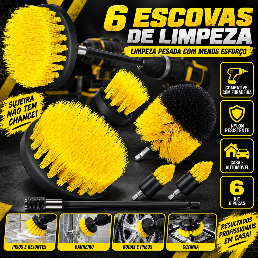Kit 6 Escovas De Limpeza Encaixe Parafusadeira Furadeira Limpeza Automotiva Pesada Lavar Sofás Tecidos Couros Estofados