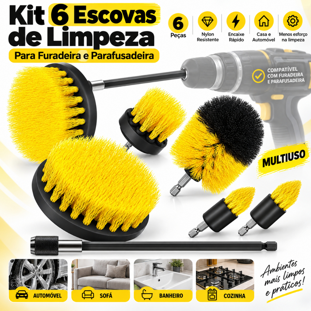 Kit 6 Escovas De Limpeza Encaixe Parafusadeira Furadeira Limpeza Automotiva Pesada Lavar Sofás Tecidos Couros Estofados