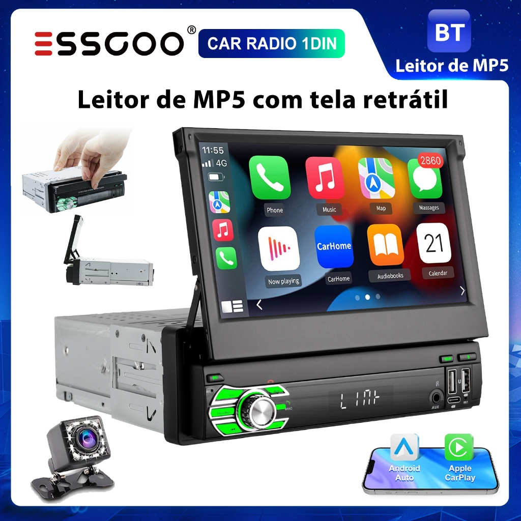 ESSGOO 7 Polegadas Com Fio Android Auto CarPlay 1DIN Multimídia MP5 Player Tela Sensível Ao Toque Retrátil Navegação On-