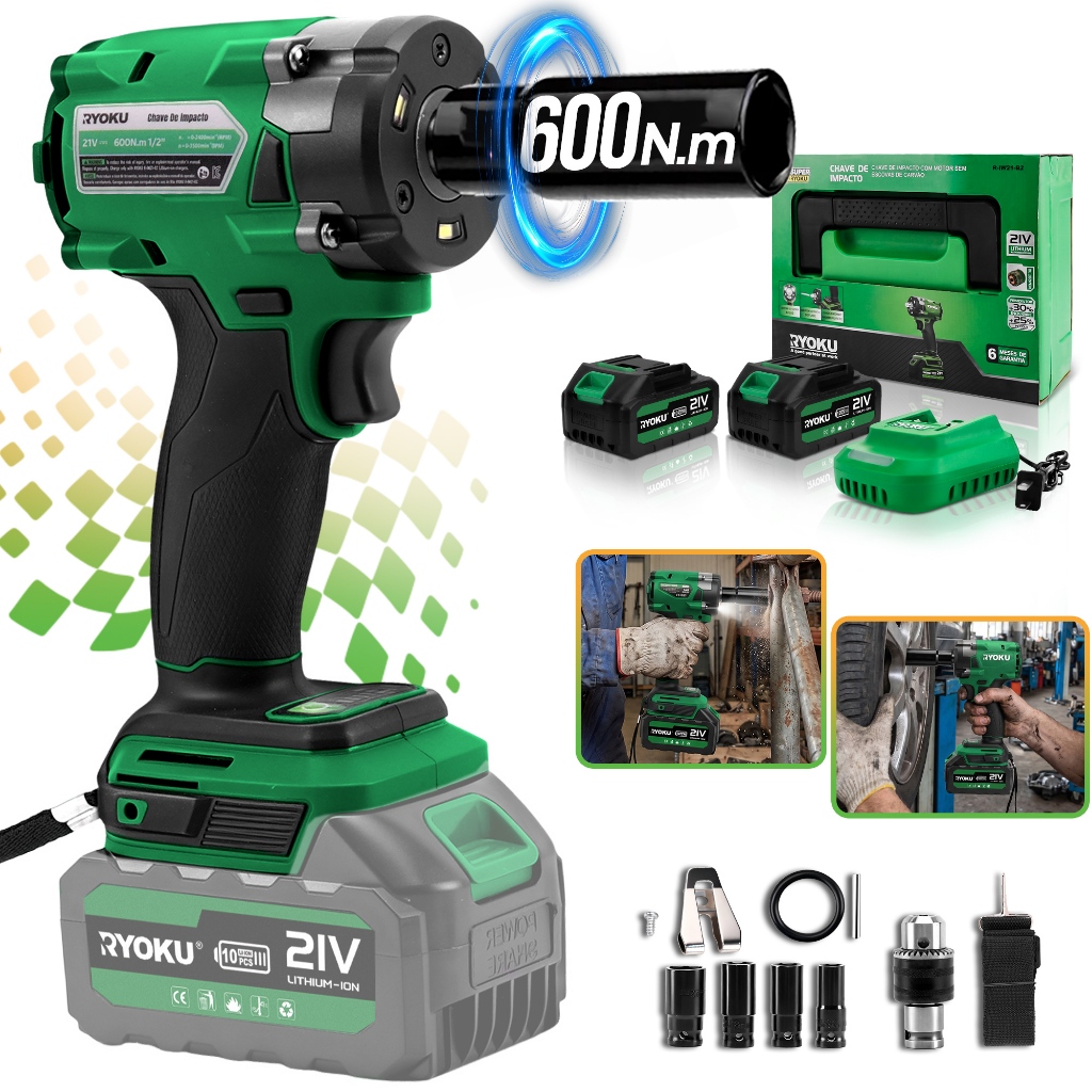 Chave De Impacto Sem Escova Ryoku Fio 1/2 E 1/4-Torque Máximo De 600N.M
