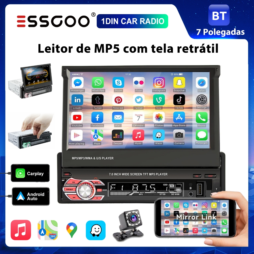 ESSGOO 1 DIN MP5 Player Tela Retrátil De 7 Polegadas Com Fio Android Auto CarPlay BT USB AUX Rádio FM CAM Traseiro