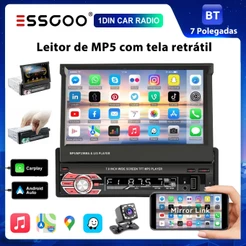 ESSGOO 1 DIN MP5 Player Tela Retrátil De 7 Polegadas Com Fio Android Auto CarPlay BT USB AUX Rádio FM CAM Traseiro