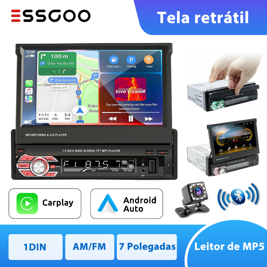 (Enviado De São Paulo) ESSGOO 1 DIN MP5 CAR Player Com Tela Retrátil De 7 Polegadas Rádio AM/FM Navegação On-Line