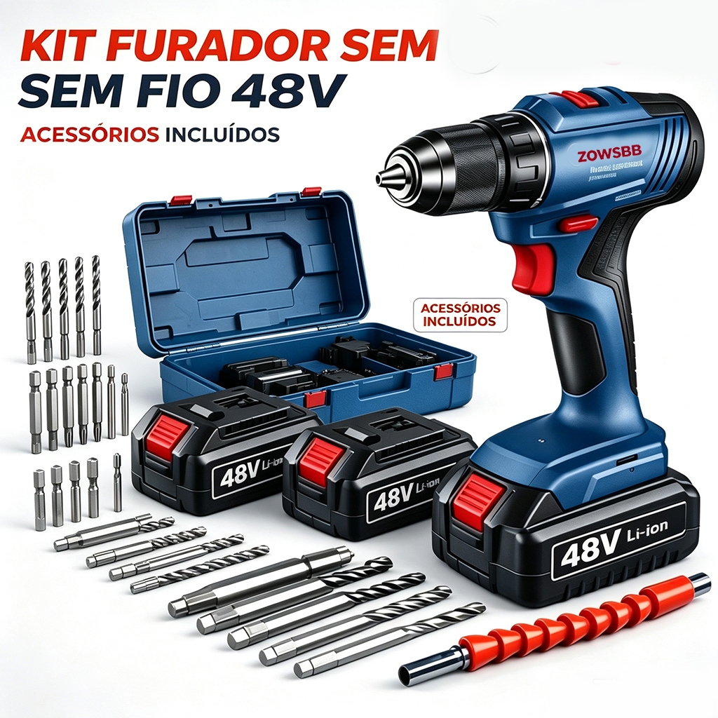 Original Parafusadeira e Furadeira Profissional de Impacto a Bateria 48V ,Com 24 acessórios