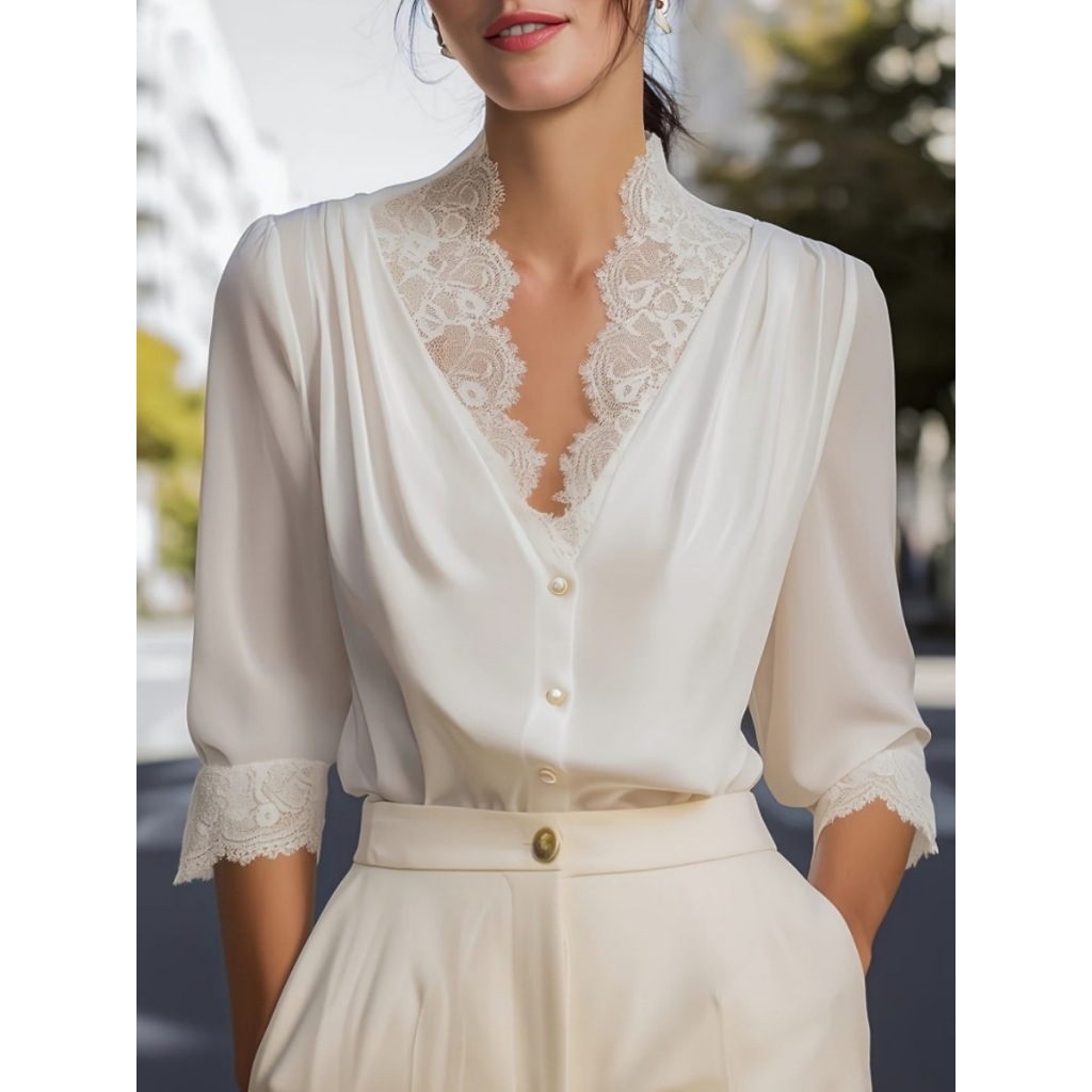 Elegante Renda Emendada Com Decote Em V Blusa Moda Escritório Mangas Sete Quartos Blusas E Camisas Roupas Sociais Femini