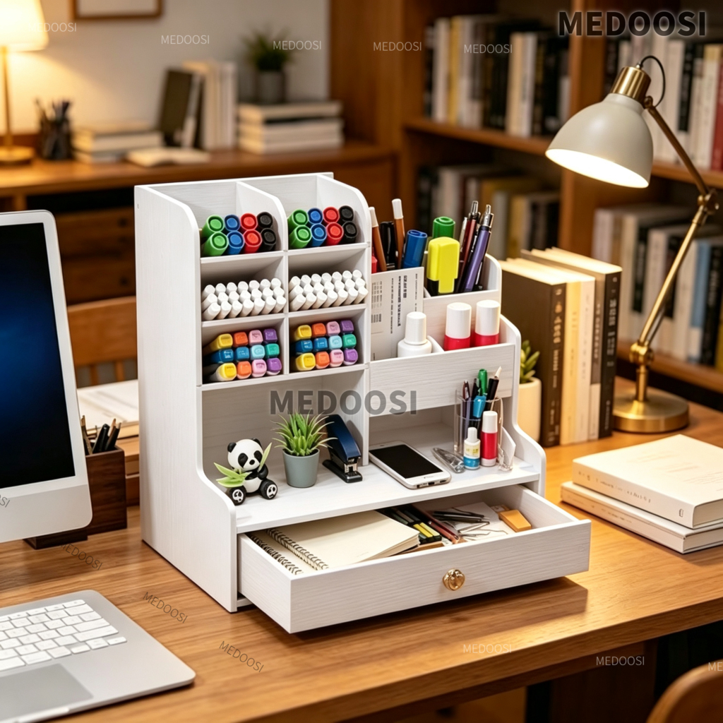 Organizador de Mesa MDF com Gaveta e Nicho, Multiuso para Canetas e Escritório, Organização Prática Home Office