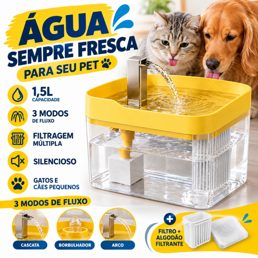 Bebedouro Automático para Gatos e Cães: Circulação de Água com Filtro de 1,5 Litro e Base Segura