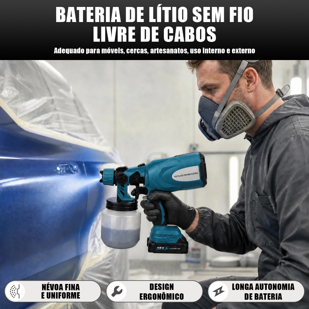 Pistola de Pintura Pulverizador Elétrico Kit Completo Sem Fio 48V Litio com 2 Baterias