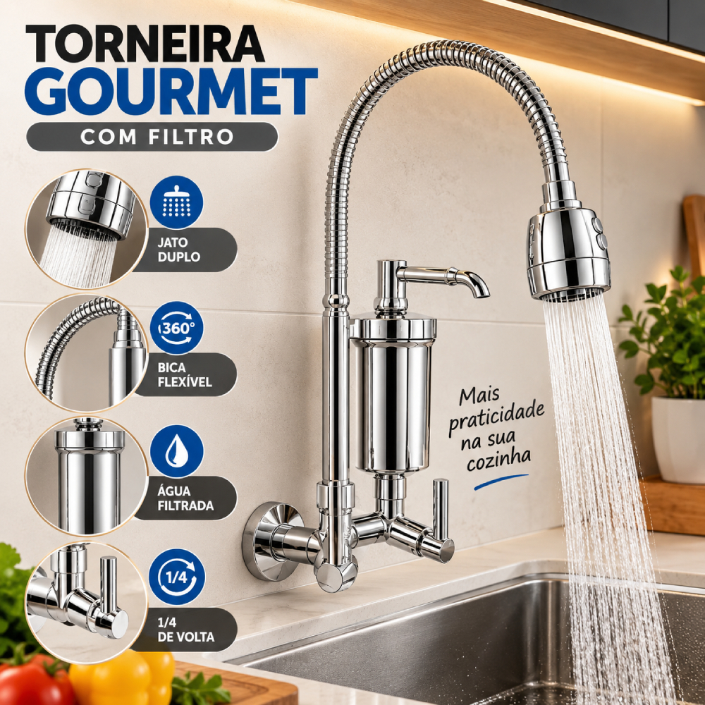 Torneira Gourmet Filtro de Parede Cozinha Flexível 2 Jato Duplo Cromada Luxo 1/4